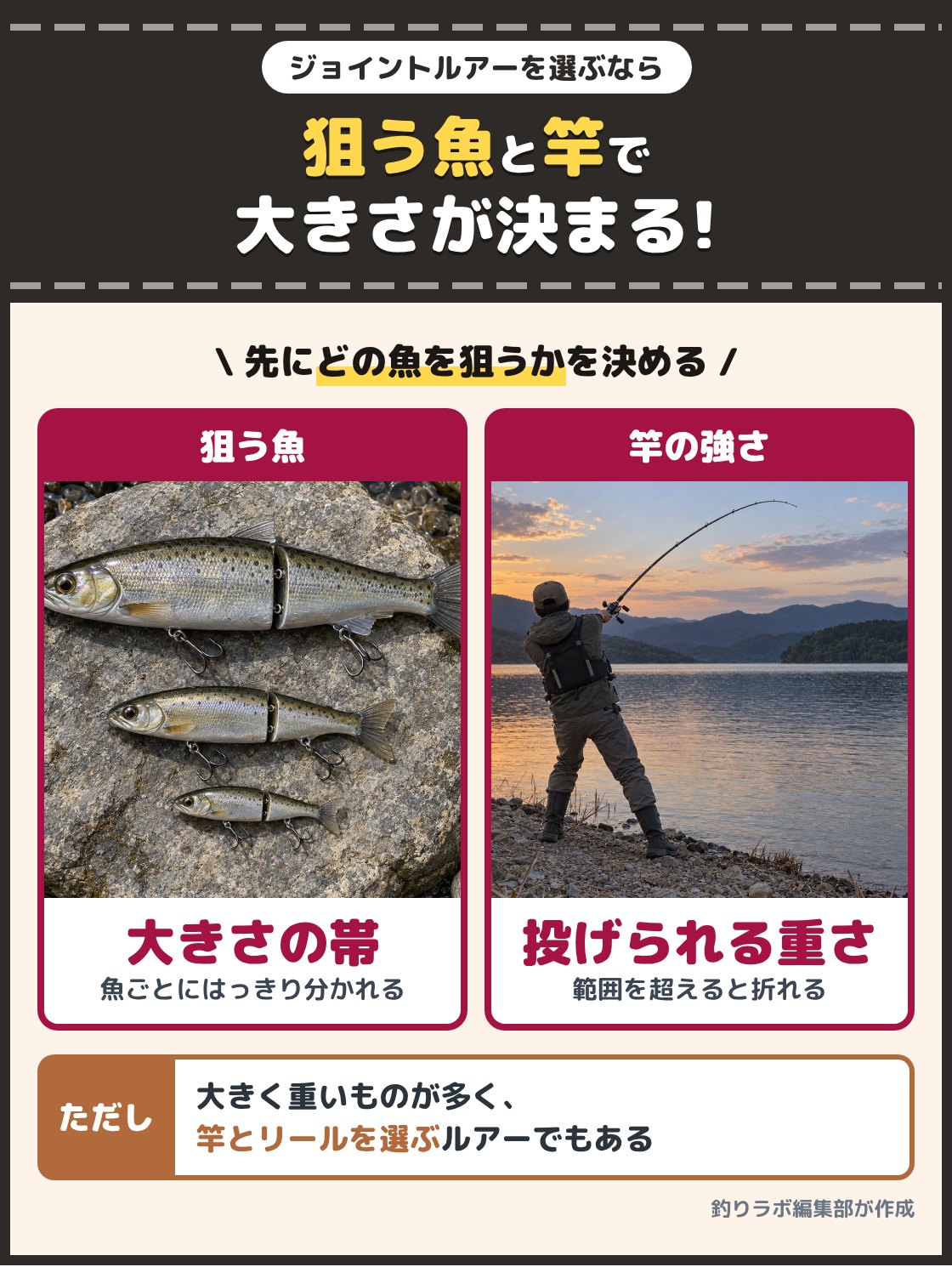 大きさの違うジョイントルアーを3つ並べた写真と、湖の岸から大きなルアーを投げる釣り人の写真。ジョイントルアーは狙う魚で大きさの帯が分かれ、手持ちの竿で投げられる重さかどうかで選べるものが決まる。大きく重いものが多いので、竿とリールも選ぶ