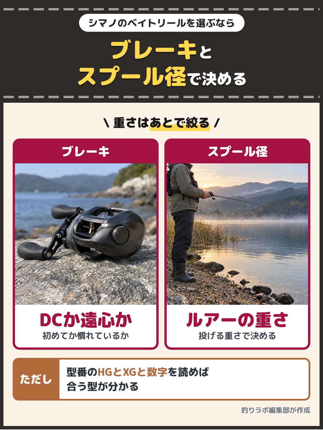 ベイトリールの側面のブレーキのダイヤルのアップと、湖でベイトリールの竿を構える釣り人の写真。シマノのベイトリールは、先にブレーキの種類を決め、次に投げるルアーの重さでスプール径を絞ると選びやすい