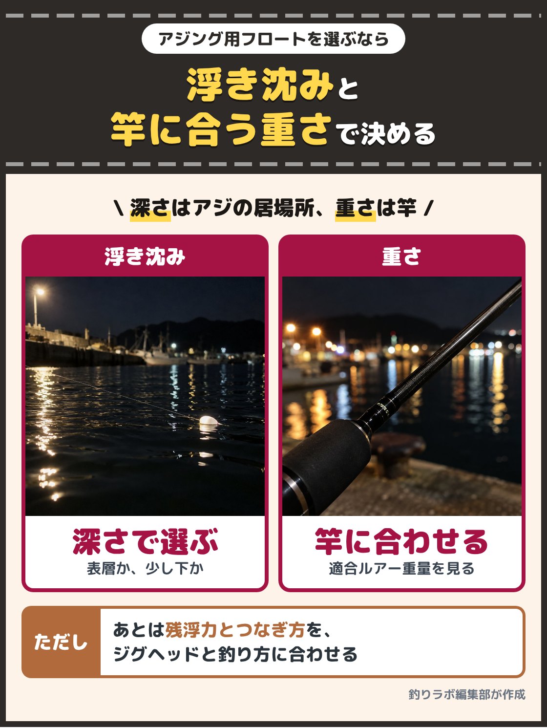 夜の港の水面に浮かぶ光るフロートと、竿に書かれた適合ルアー重量の表示の写真。アジング用フロートは、アジのいる深さに合う浮き沈みと、竿に合う重さを先に決めると選びやすい。残浮力とつなぎ方は、ジグヘッドと釣り方に合わせる