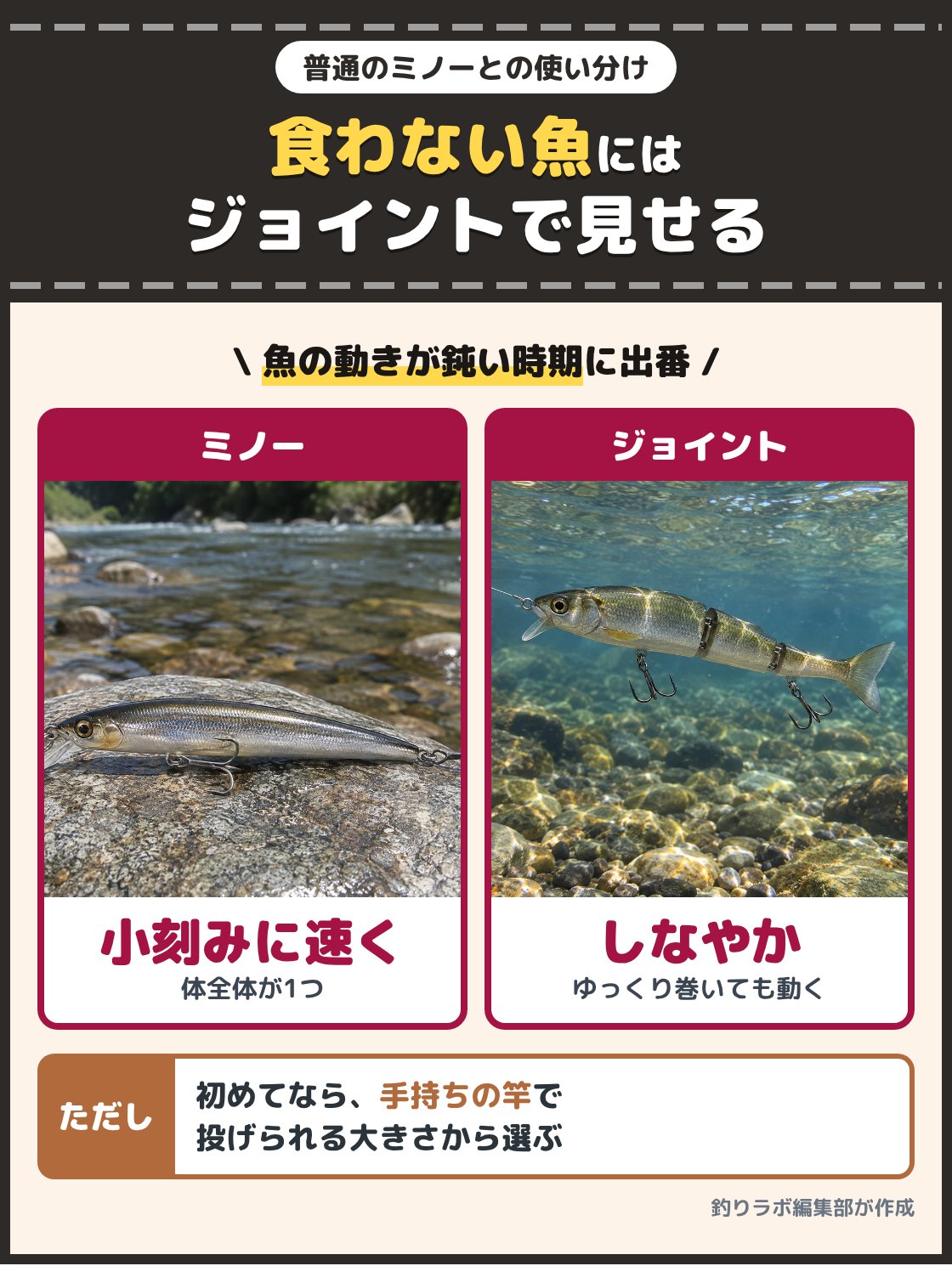節の無いミノーと、水中で体を節の所で曲げて泳ぐジョイントルアーの写真。普通のミノーは揺れが小刻みで速く、ジョイントルアーは節ごとにしなやかに動くので、ゆっくり巻いても生きた魚のように見せられる。魚の動きが鈍い時期や、追ってきても食わない魚にはジョイントルアーを選ぶ