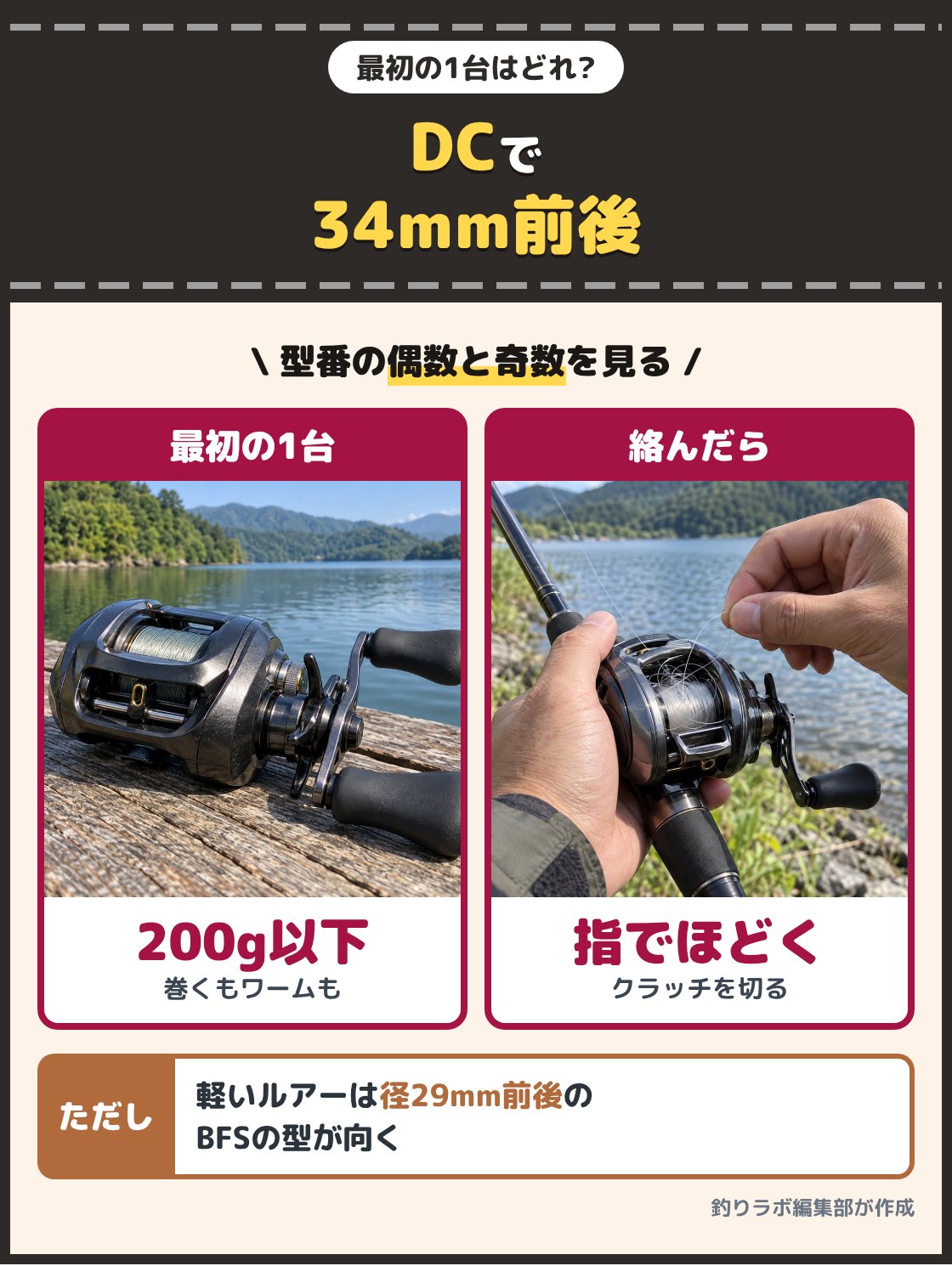 桟橋の板の上に置いた小型のベイトリールと、スプールの糸を指でほどく手元の写真。DCのブレーキで、スプール径34mm前後、自重200g以下の型なら、巻く釣りにもワームの釣りにも使える
