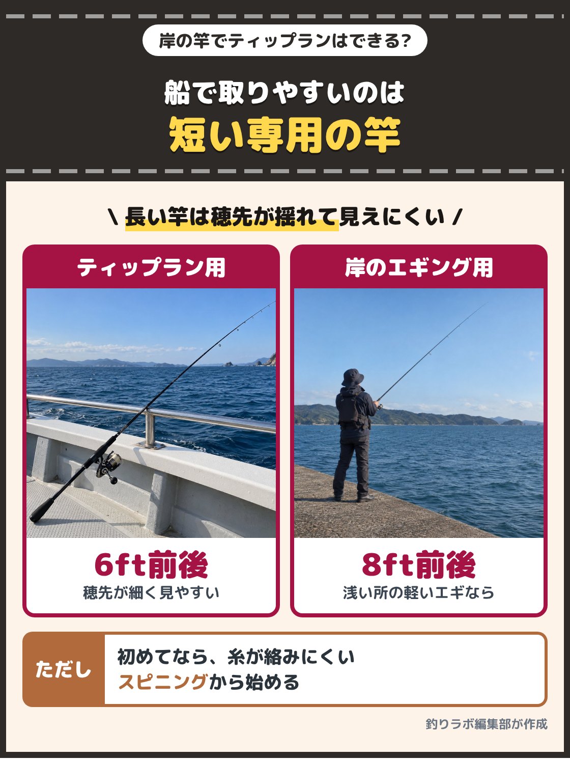 船の上の短いティップラン用の竿と、堤防の長いエギングロッドの写真。船の上でアタリを取りやすいのは短くて穂先の細いティップラン用ロッドで、岸のエギングロッドは8ft前後と長く穂先が揺れやすい