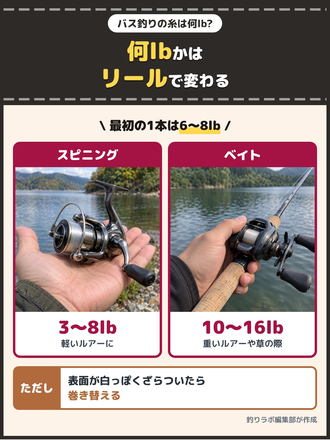 手に持ったスピニングリールと、ベイトリールを近くから撮った写真。バス釣りのフロロカーボンラインは、スピニングリールなら3lbから8lb、ベイトリールなら10lbから16lbが目安で、最初の1本は6lbから8lbが使いやすい