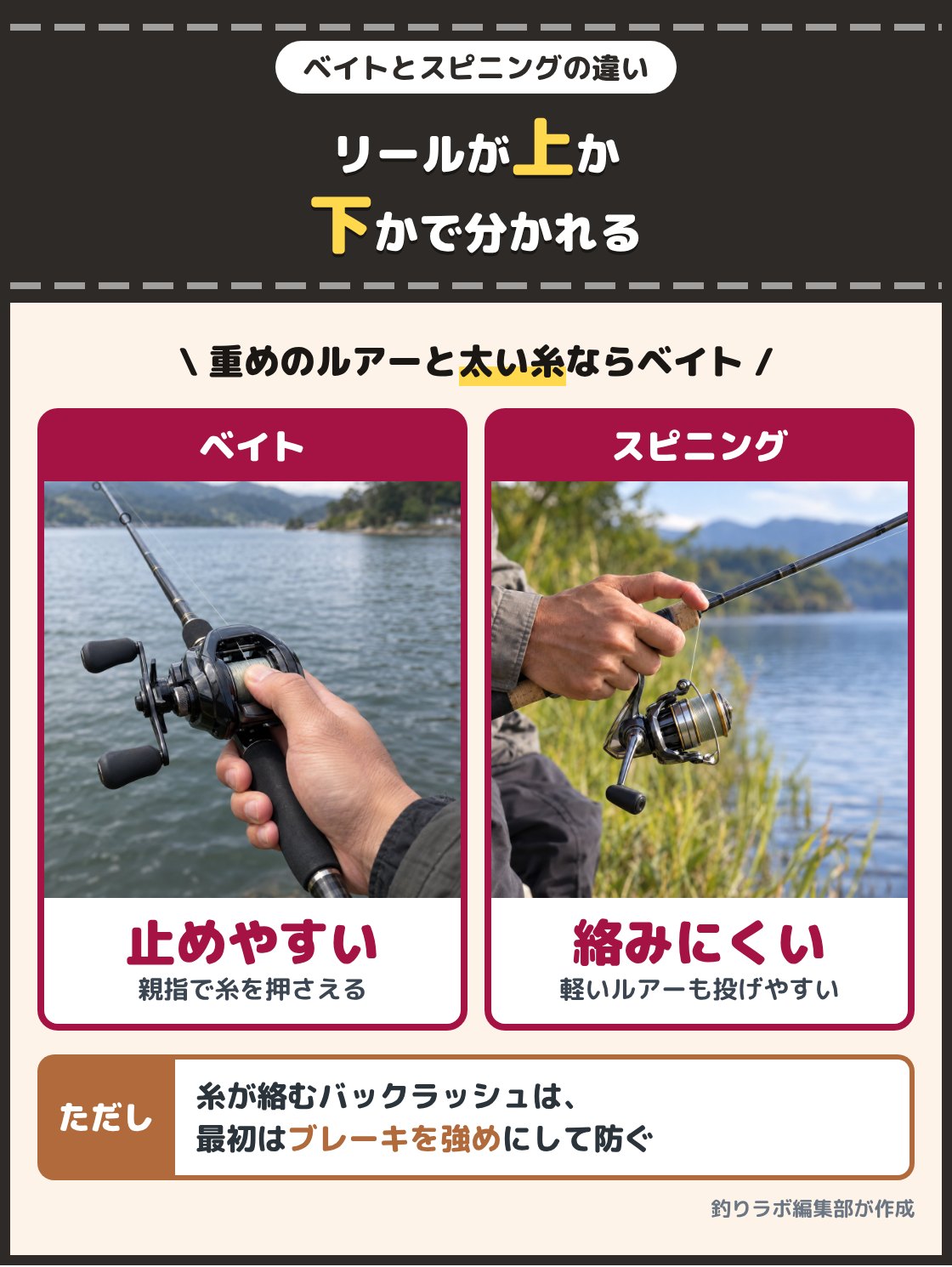 親指でベイトリールの糸巻きを押さえる手と、竿の下側にスピニングリールが付いた竿の写真。ベイトロッドは竿の上側にリールを付けて親指で糸を止められ、スピニングロッドは糸が絡みにくく軽いルアーも投げやすい