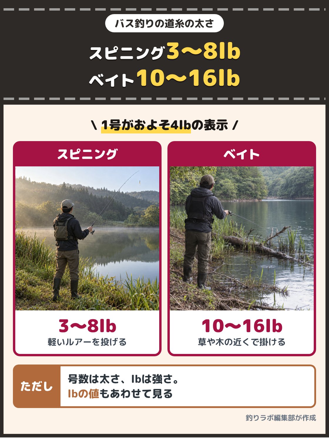 スピニングリールで軽いルアーを投げる釣り人と、ベイトリールで草の際を探る釣り人の写真。バス釣りの道糸は、スピニングリールで3lbから8lb、ベイトリールで10lbから16lbが目安。フロロカーボンは1号がおよそ4lbの表示