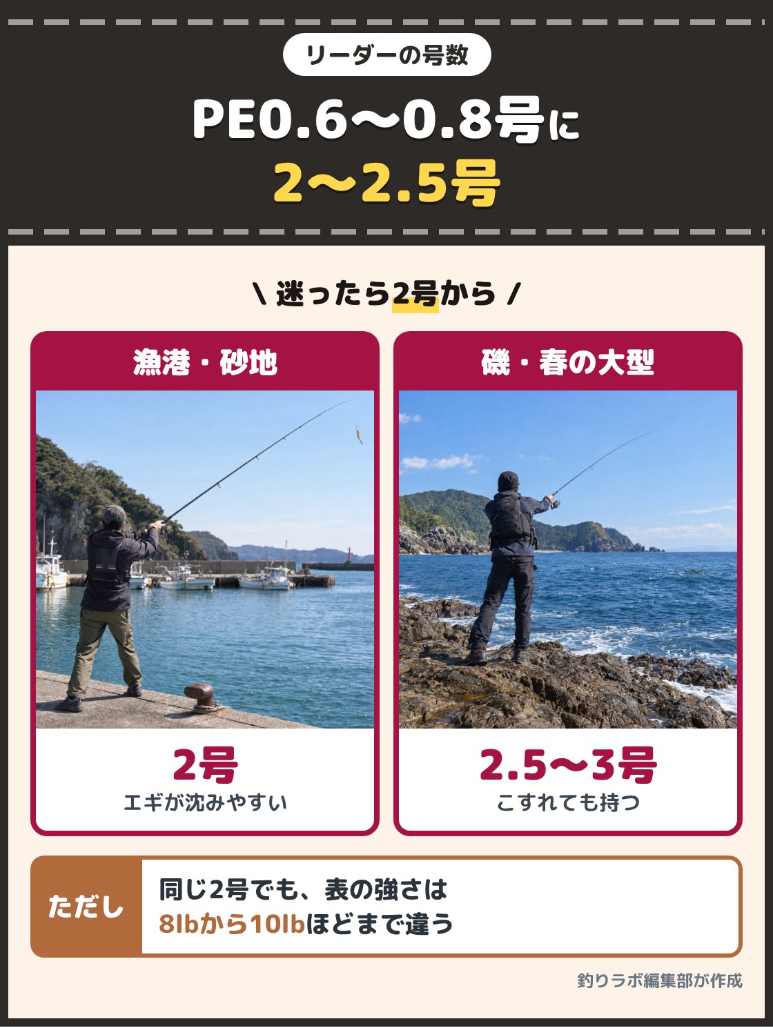 漁港でエギを投げる釣り人と、磯でエギングをする釣り人の写真。PE0.6〜0.8号ならリーダーは2〜2.5号が目安で、春の大きいイカや岩の多い磯は2.5〜3号まで上げる。同じ2号でも表の強さは8lbから10lbほどまで違う