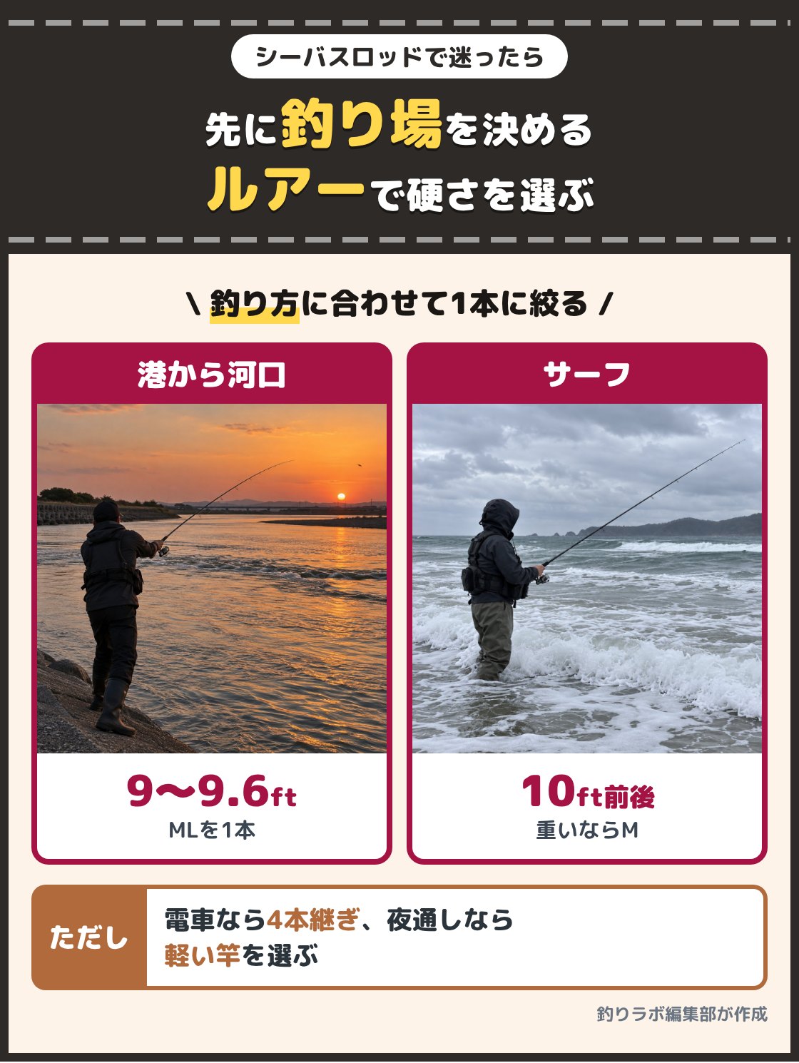 夕方の河口で投げる釣り人と、波の立つサーフで投げる釣り人の写真。港から河口まで1本で通すなら9〜9.6ftのML、サーフや大きな川で沖まで投げるなら10ft前後の長めの竿を選び、重いルアーを多く使うなら硬さをMに上げる