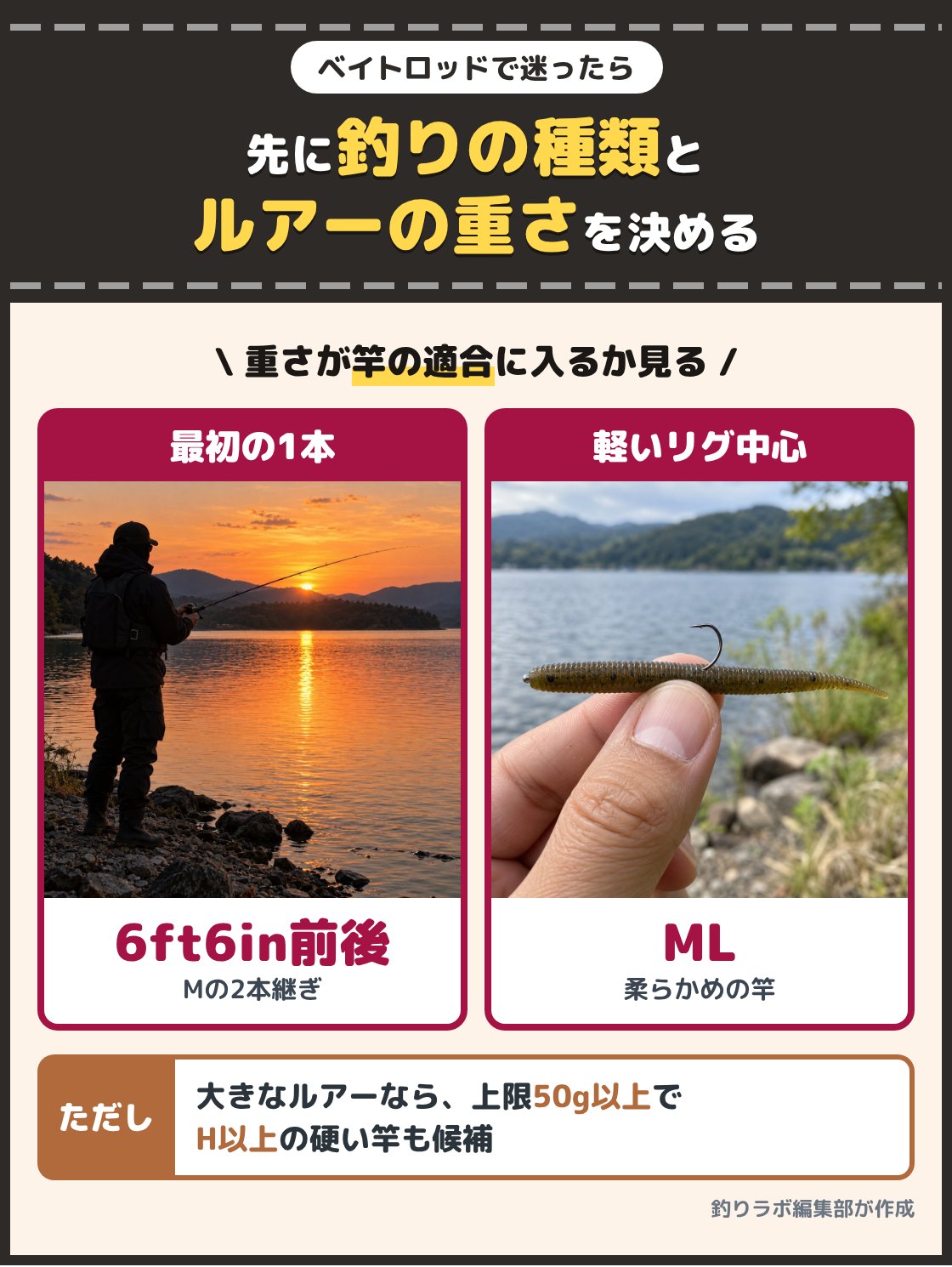 夕方の湖の岸でベイトロッドを構える釣り人と、手に持ったネコリグのワームの写真。最初の1本なら6ft6in前後でMの硬さ、7〜21g前後のルアーが入る2本継ぎ、軽いワームのリグ中心ならMLを選ぶ