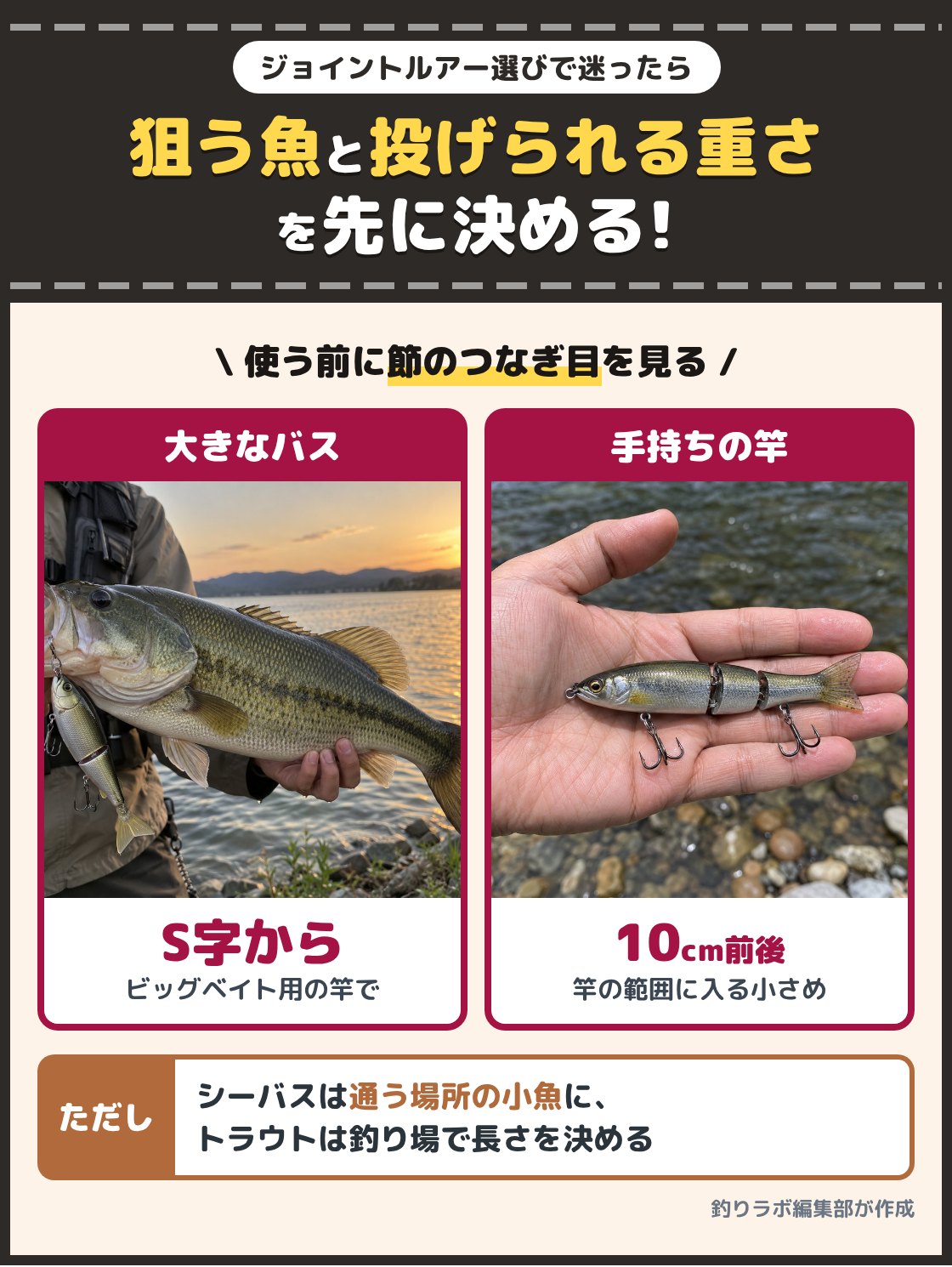 大きなバスの口に掛かったジョイントルアーと、手のひらに載せた小さめのジョイントルアーの写真。狙う魚と、手持ちの竿で投げられる重さを先に決める。大きなバスはビッグベイト用の竿でS字に泳ぐものから、手持ちの竿なら範囲に入る10cm前後の小さめから入る