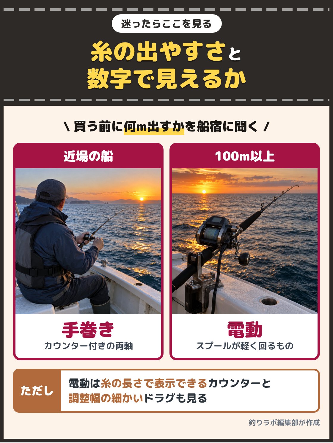 朝の船で手巻きの両軸リールを巻く釣り人と、夕方の船の竿立てに置いた電動リールの写真。出す糸が短い近場の船ならカウンター付きの手巻きの両軸リール、糸を100m以上流すならスプールが軽く回る電動リールを選ぶ