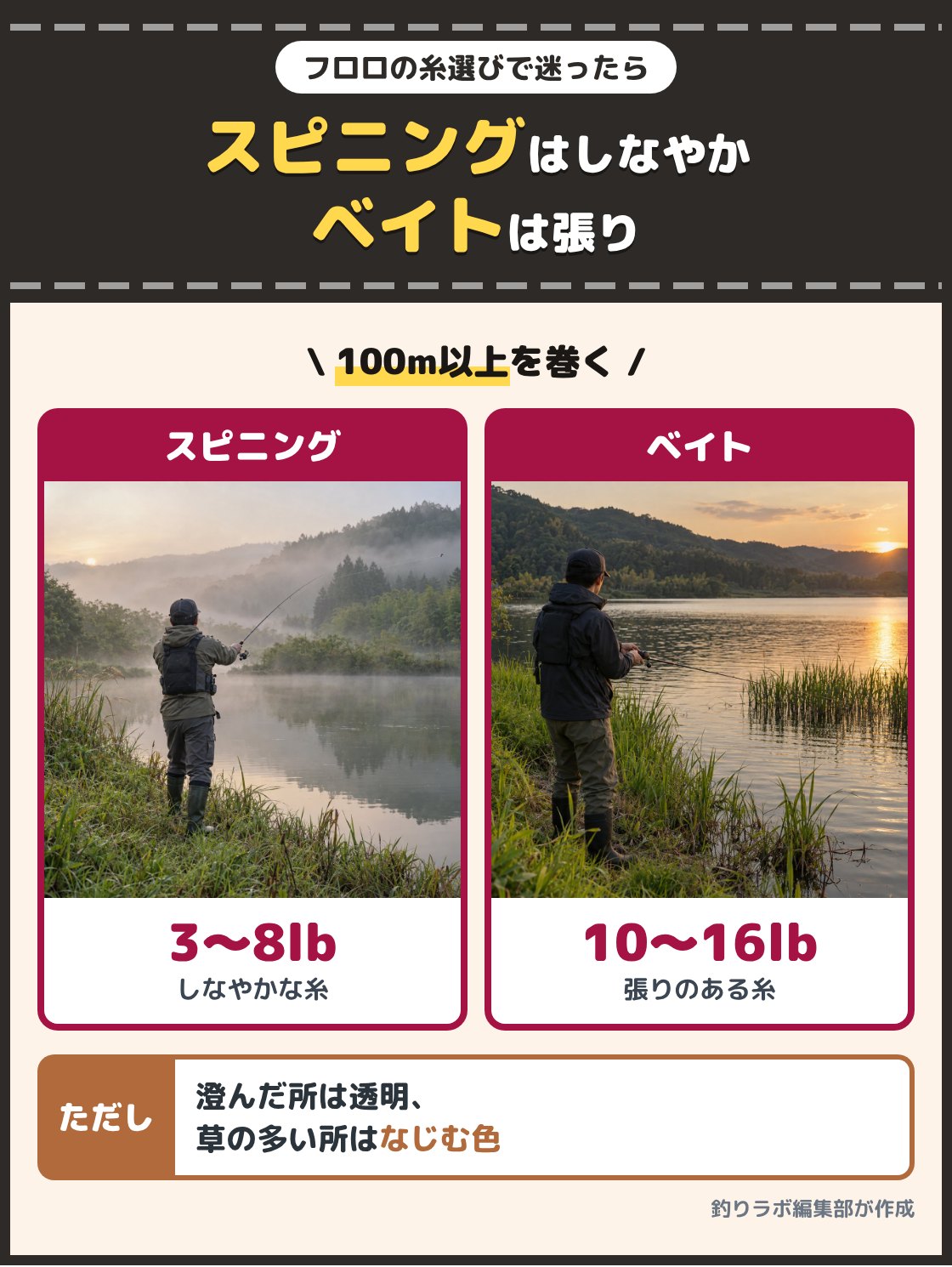朝の野池でスピニングリールの竿を振る釣り人と、夕方の湖でベイトリールの竿を構える釣り人の写真。スピニングリールには3lbから8lbのしなやかな糸、底や草の際を探るベイトリールには10lbから16lbの張りのある糸を100m以上巻く