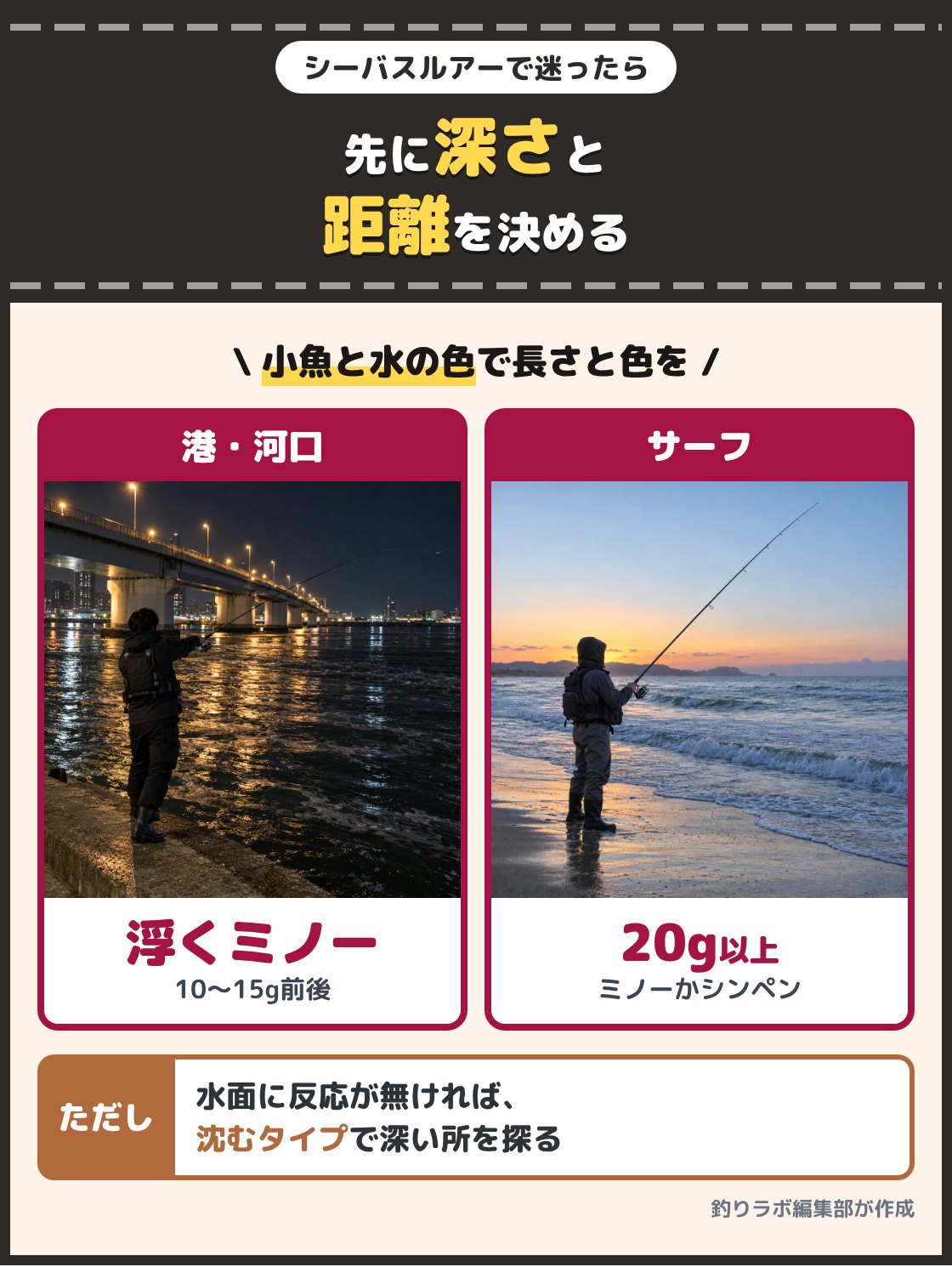 夜の河口で投げる釣り人と、朝のサーフで投げる釣り人の写真。港や河口で始めるなら10gから15g前後のフローティングミノー、サーフで遠くを狙うなら20g以上のミノーかシンキングペンシルを選ぶ。水面近くに反応が無ければ沈むタイプで深い所を探る