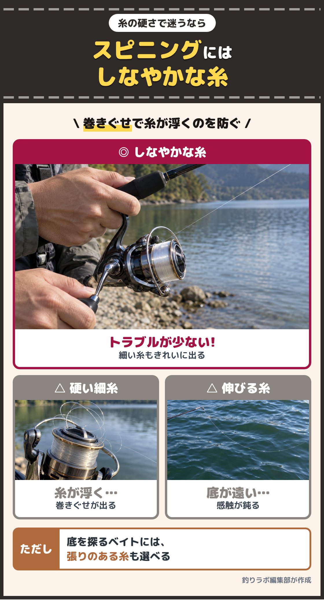 スピニングリールからきれいに出るしなやかな糸と、巻きぐせで浮いた硬い糸、たるんだ糸の写真。スピニングリールに細い糸を巻くならしなやかな糸を選び、底の感触を取りたいベイトリールの釣りでは張りのある硬めの糸も選べる