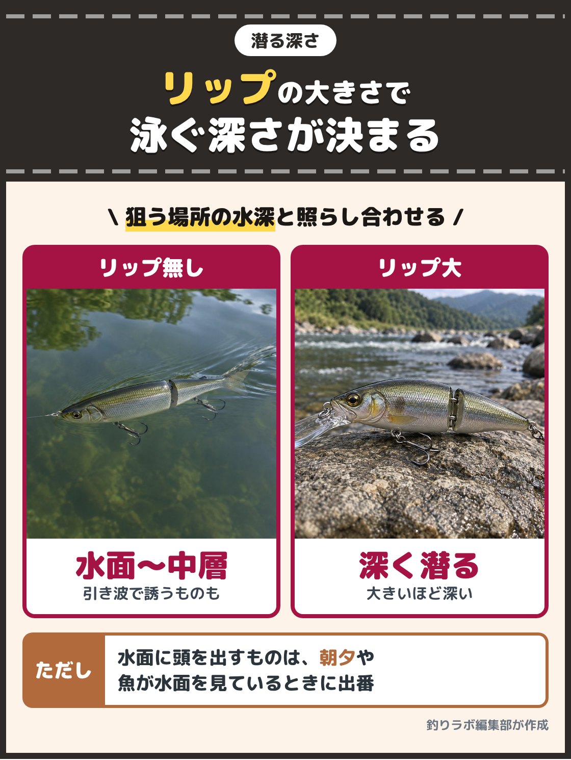 水面のすぐ下を泳ぐリップの無いジョイントルアーと、大きなリップが付いたジョイントルアーの写真。リップの無いものは水面近くから中層を泳ぎ、リップが大きいほど深く潜る。狙う場所の水深と照らし合わせて選ぶ