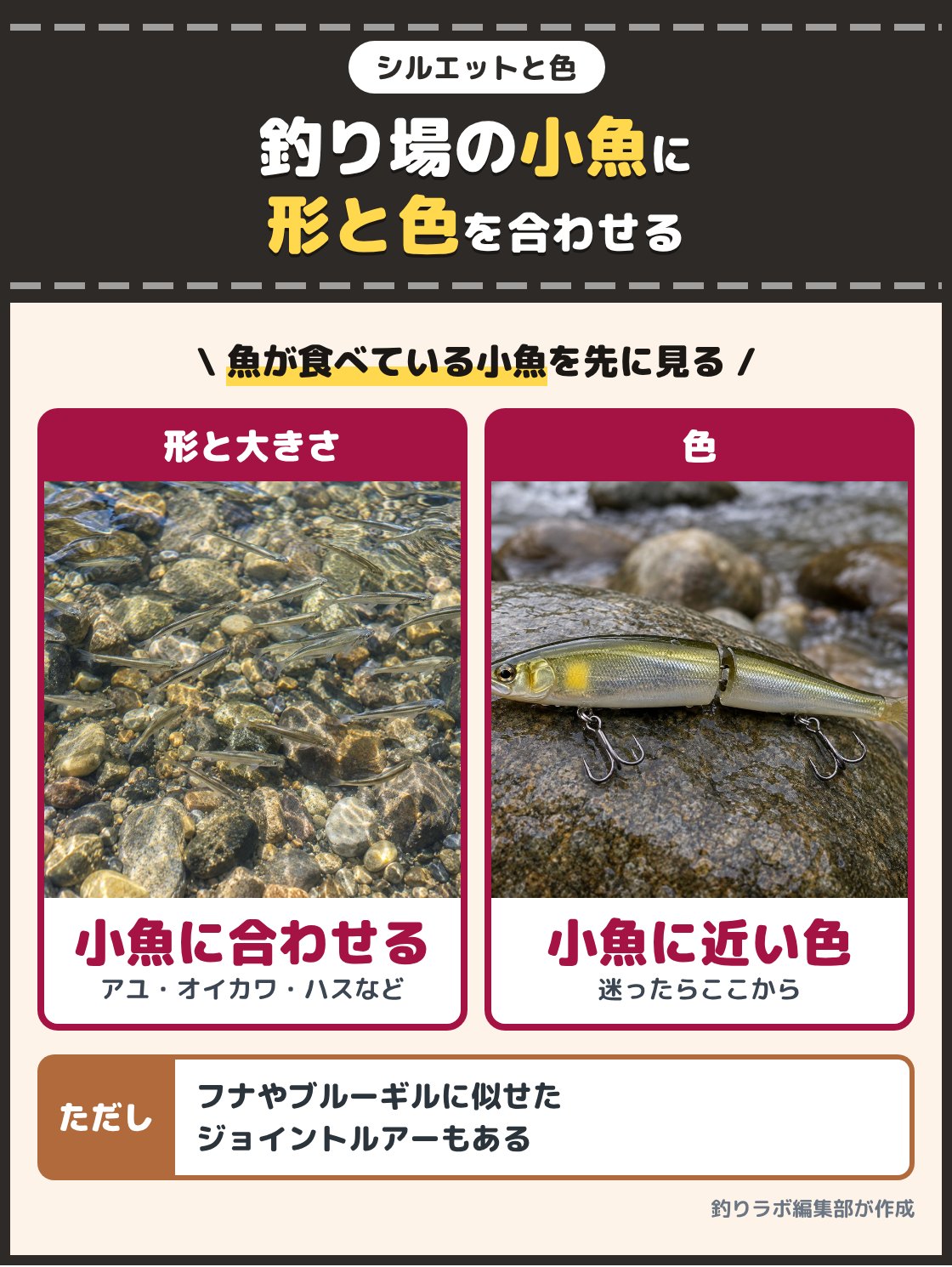 川の浅瀬を泳ぐ小魚の群れと、アユに似た色のジョイントルアーの写真。釣り場で魚が食べている小魚に、ルアーの形と大きさを合わせる。色も同じ考え方で、狙う場所にいる小魚に近い色から選ぶと迷わない