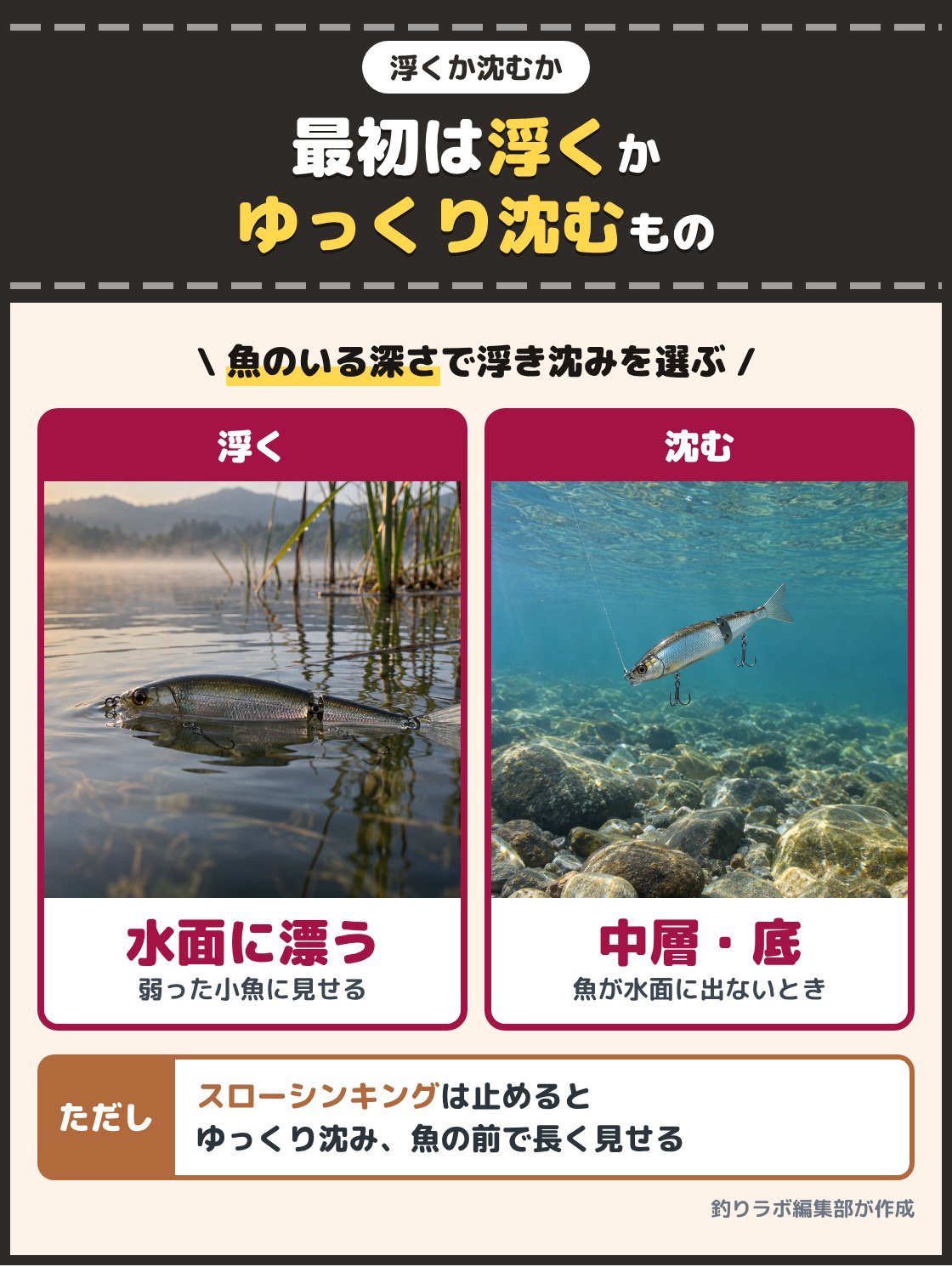 水面に浮くジョイントルアーと、水中を沈んでいくジョイントルアーの写真。水面に漂う弱った小魚に見せたいならフローティング、魚が水面まで出てこないときや小魚が中層や底の近くにいるときはシンキングを選ぶ。最初の1つは浅い場所で使いやすいフローティングか、深さを調整しやすいスローシンキングから